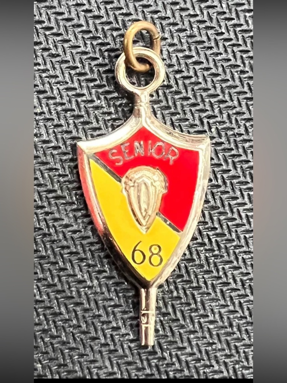 Vintage Jostens Senior 68 Shield Charm Red Yellow Enamel Pendant